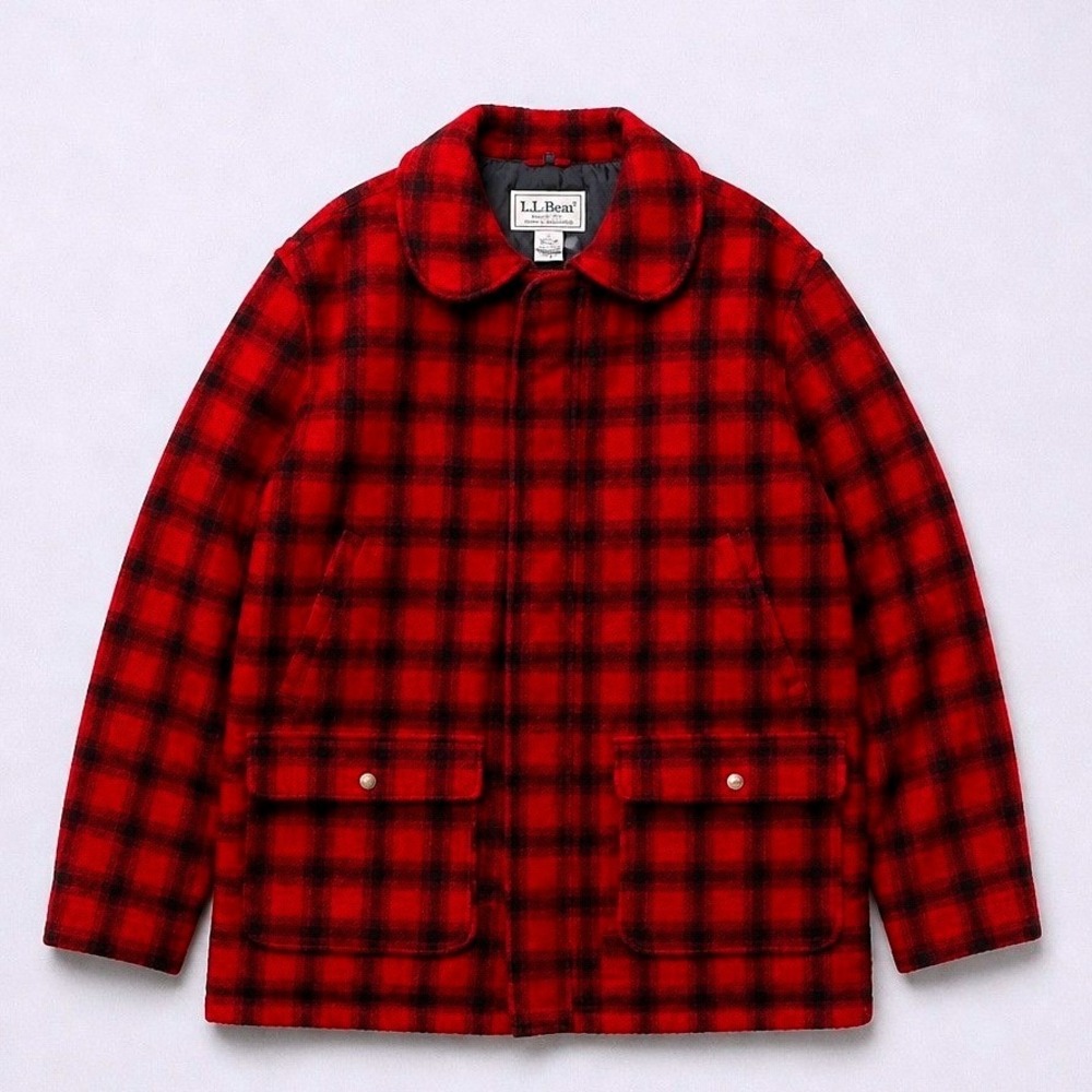 L.L. Bean Wool Field Coat XL Tall Red Black Buffalo Plaid Thinsulate USA Made